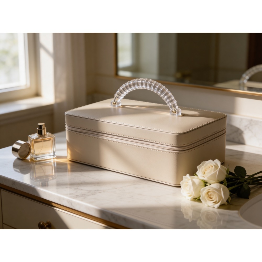 Estee Lauder Beige Faux Leather Train Case Vanity Bag Clear Acrylic Handle